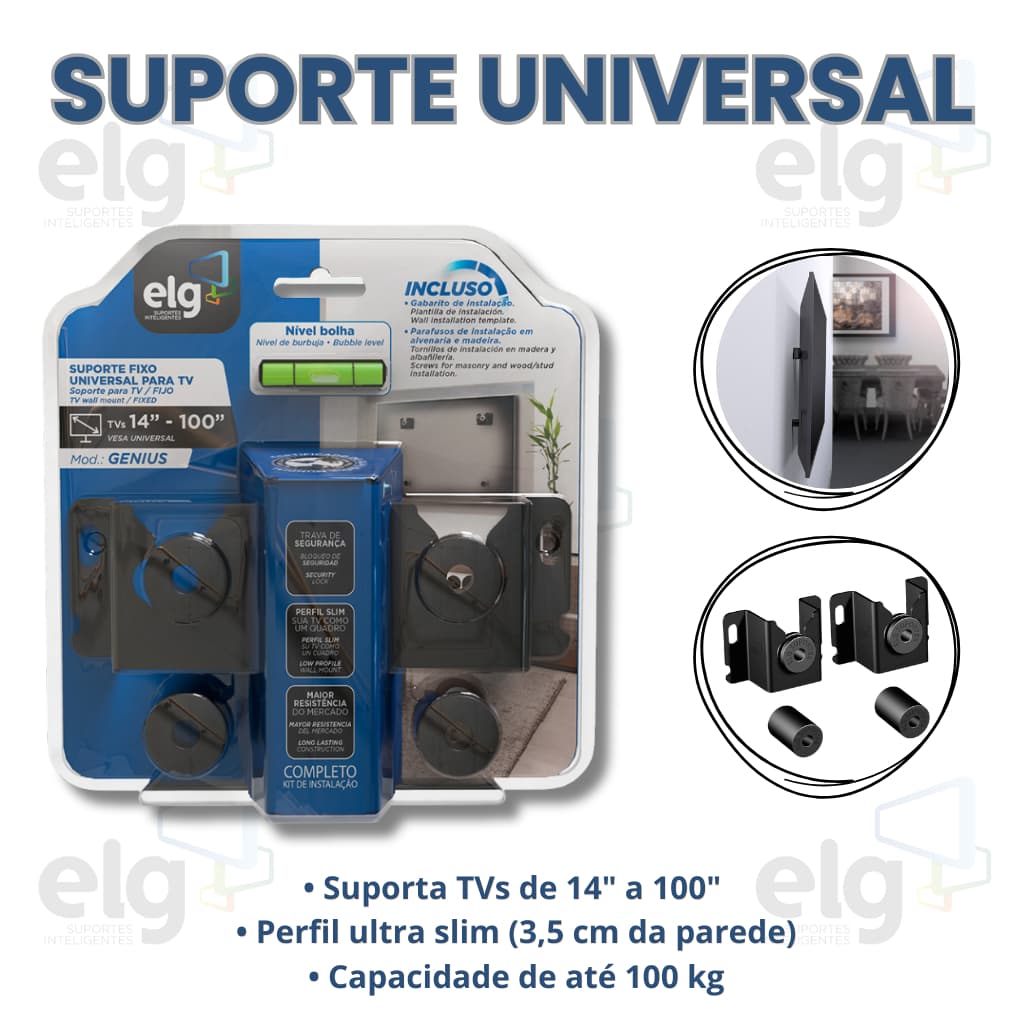 Suporte Fixo Universal TV 14 até 100 Polegadas ELG Genius Original Reforçado Parede Alta Resistência