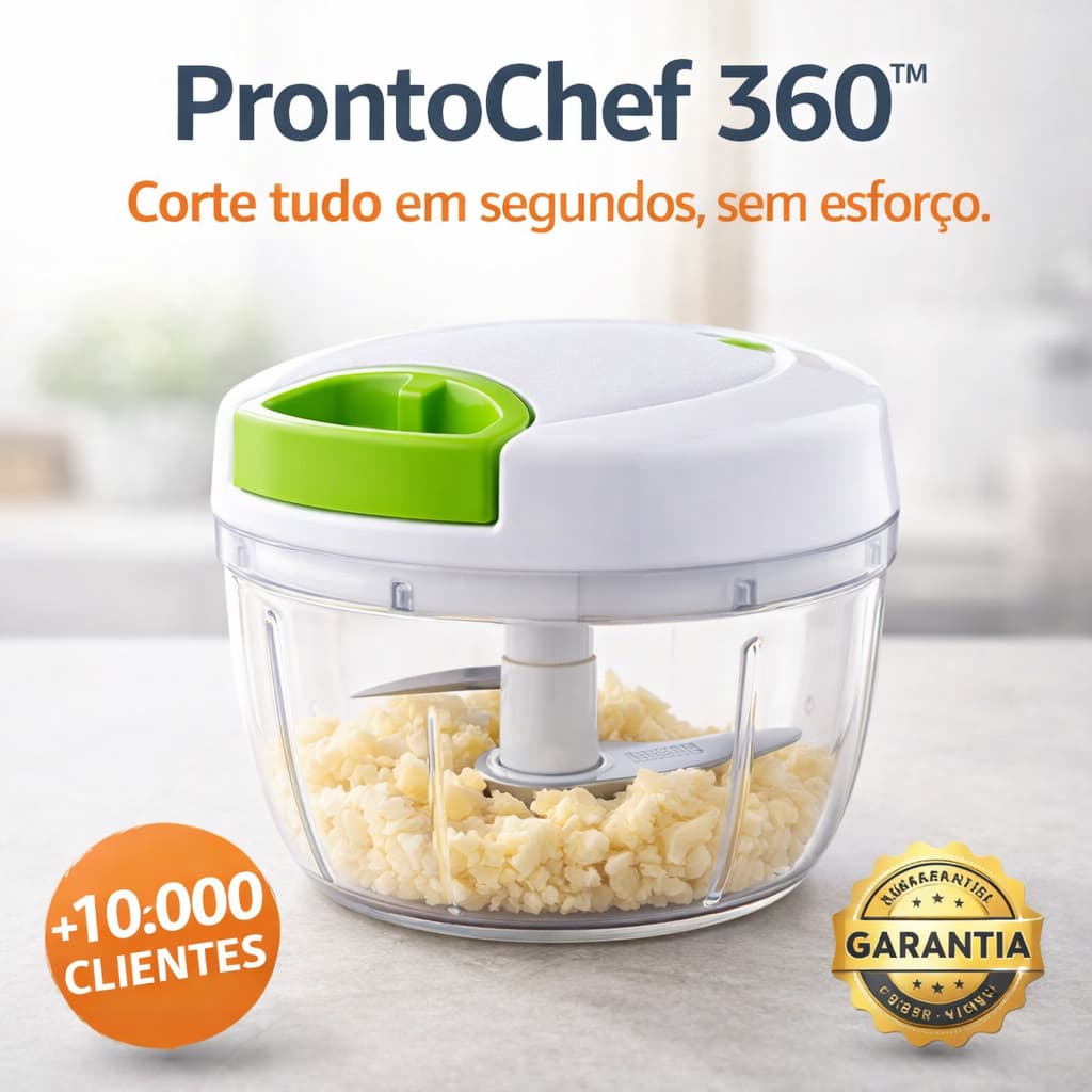 Processador Manual 500ml ProntoChef 360™ Triturador Alho Cebola Legumes Portátil 3 Lâminas Aço Inox