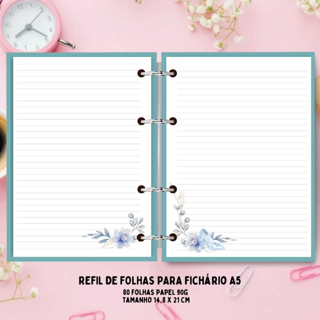 REFIL DE FOLHAS PARA FICHÁRIO - TEMA: CINDERELA (A5 E COLEGIAL)