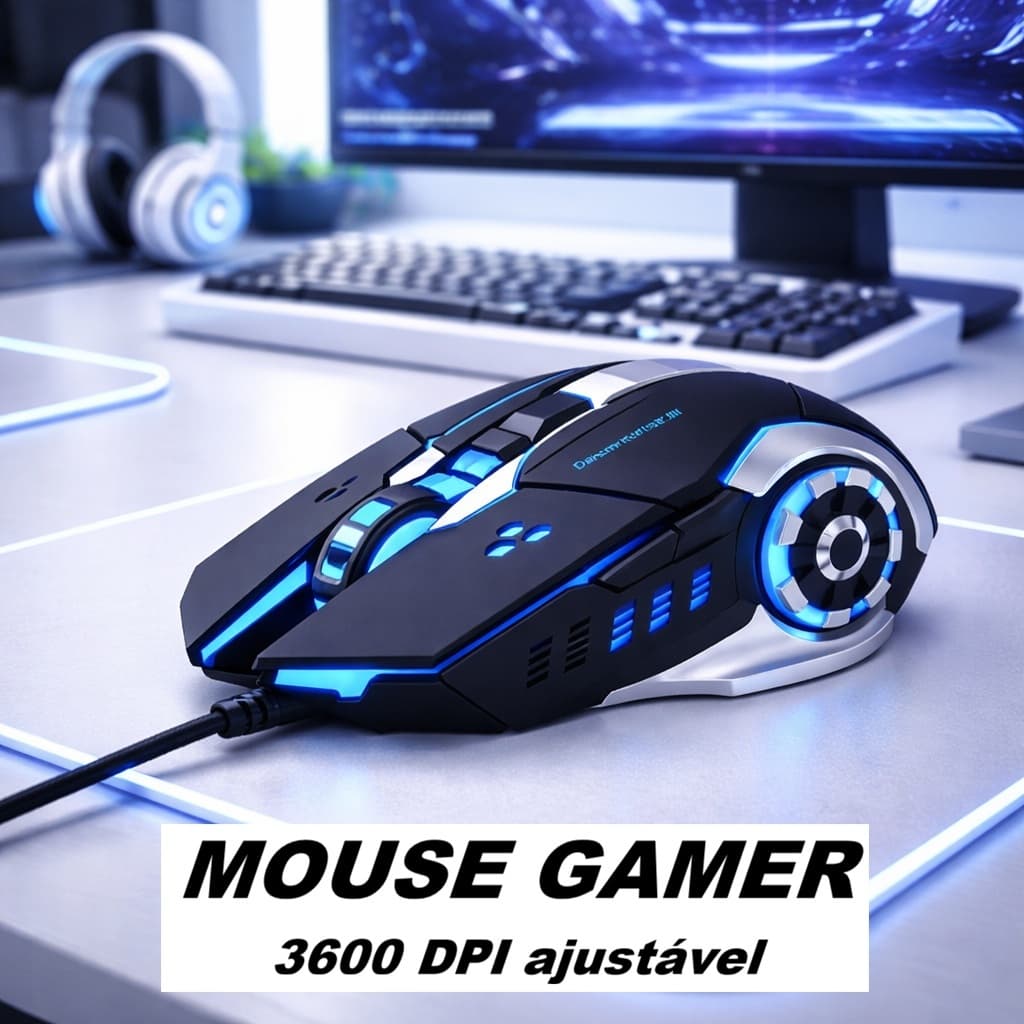 Mouse Gamer 3600 DPI ajustável 6 Botoes Com LED Iluminado RGB Com Fio USB Para Jogos