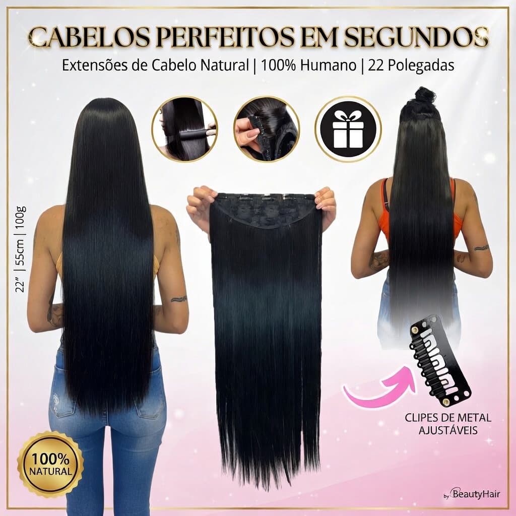 Extensão de Cabelo Preto em Fibra Orgânica Wig Liso Com Aplique Tic Tac Volume Cheio Idêntico Humano