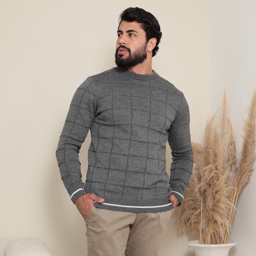 Suéter Quadriculada Masculina de Tricot Estilo Blusa Casual Inverno Elegante Gola Redonda e Conforto