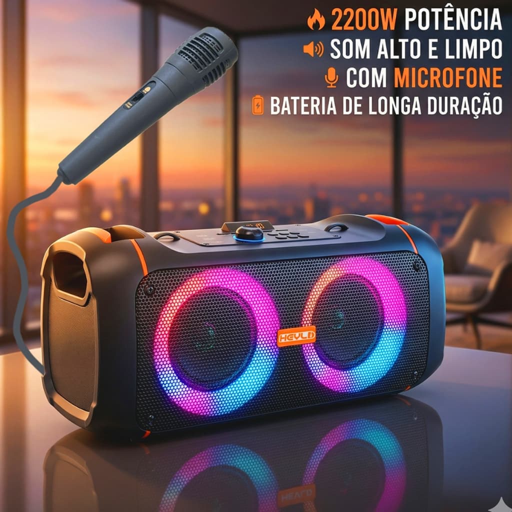 Caixa de Som Bluetooth Portátil Potente LED PMPO 2200W com Microfone/Controle Remoto Bateria