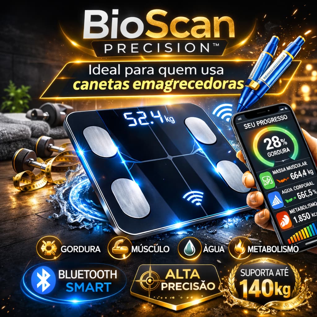 Balança Inteligente BioScan Precision™ Bluetooth – Monitore Gordura, Massa Muscular e Peso com Precisão Profissional até