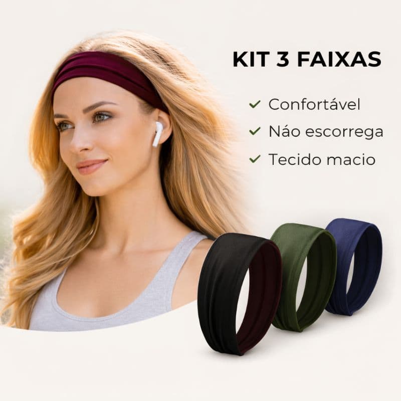 Kit 3 Faixas de Cabelo Headband Larga Ajustável Anti Frizz