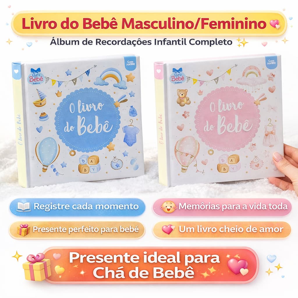 Livro do Bebê Masculino/Feminino – Álbum de Recordações Infantil Completo | para Chá de Bebê