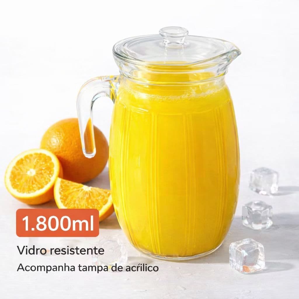 Jarra De Vidro  Transparente Reforçado  C/ Tampa Acrílica Suco Água 1.800 ML