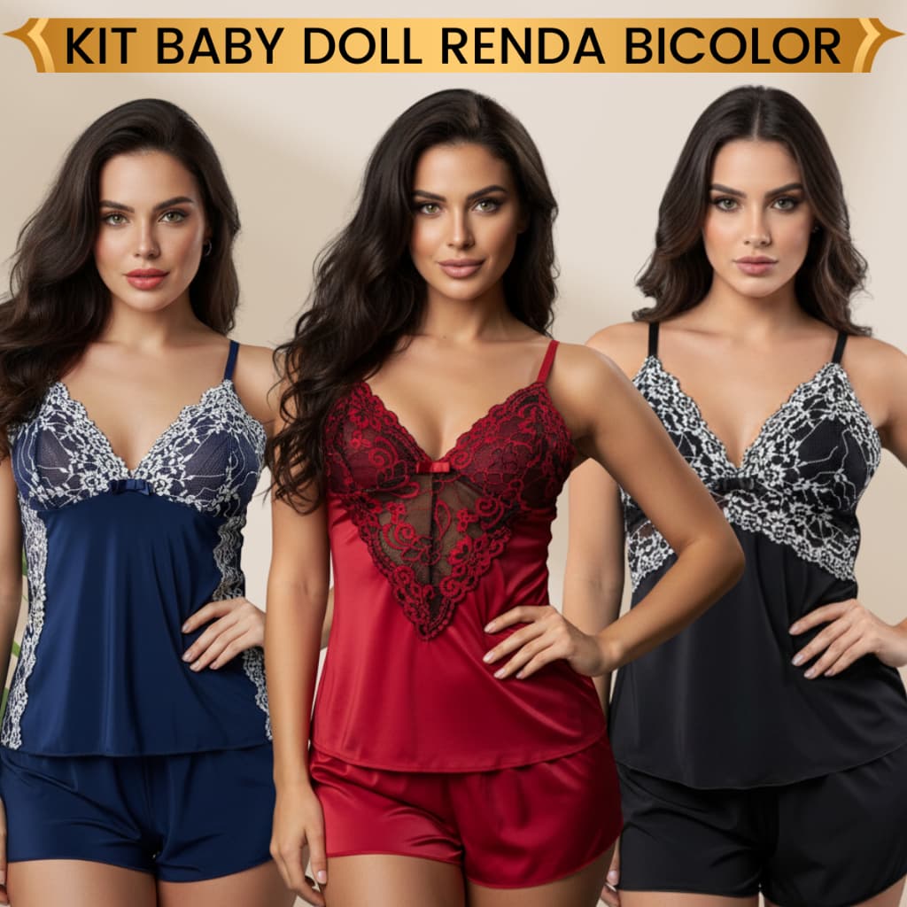 Kit 3, 2 ou 1 Baby Doll Renda Bicolor Confortável ShortDoll Pijama Malha Fria Fresco Levinho Lindo