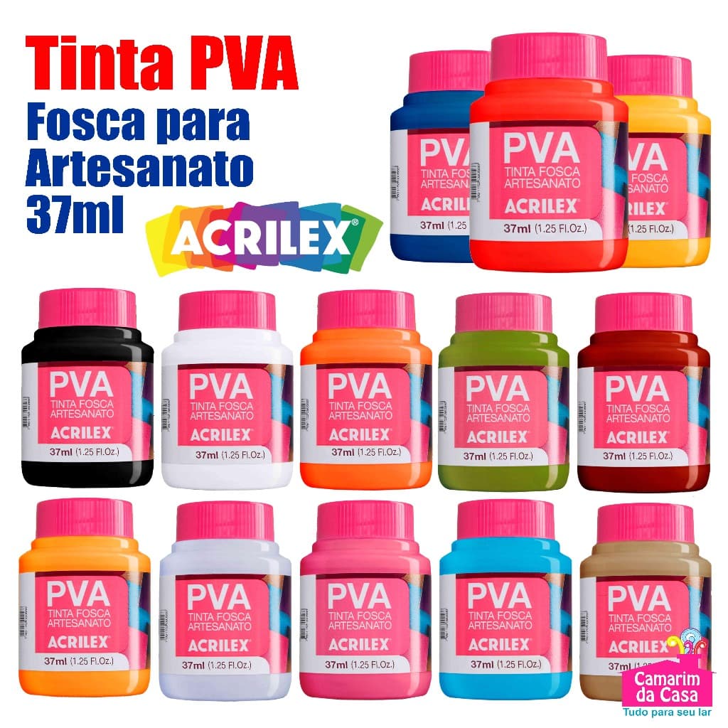 Kit c/ 10 Tintas PVA Fosca Tubo com 37ml cada Marca Acrilex Cores Diversas