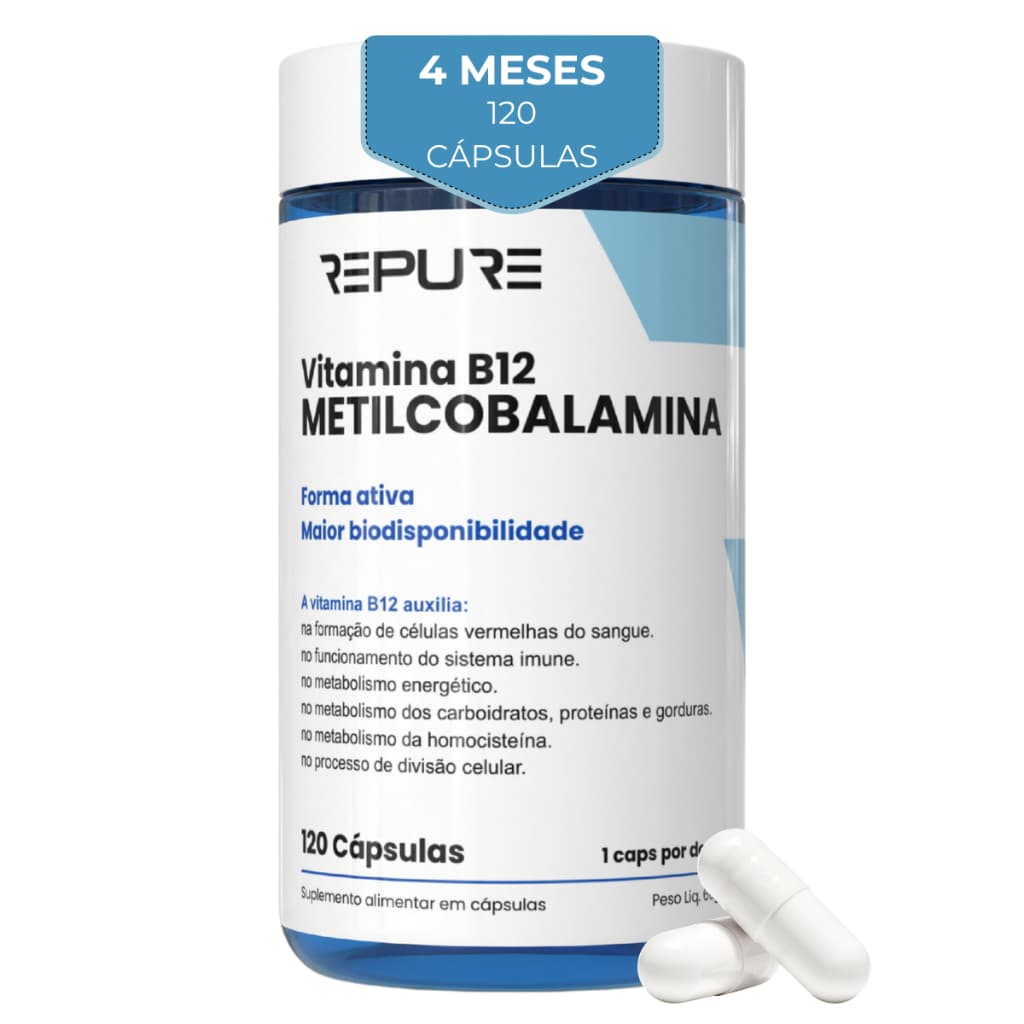 Vitamina B12 Metilcobalamina Forma Ativa 120 Cáps Energia Disposição Cérebro Ativo 414%VD Repure Nutrition