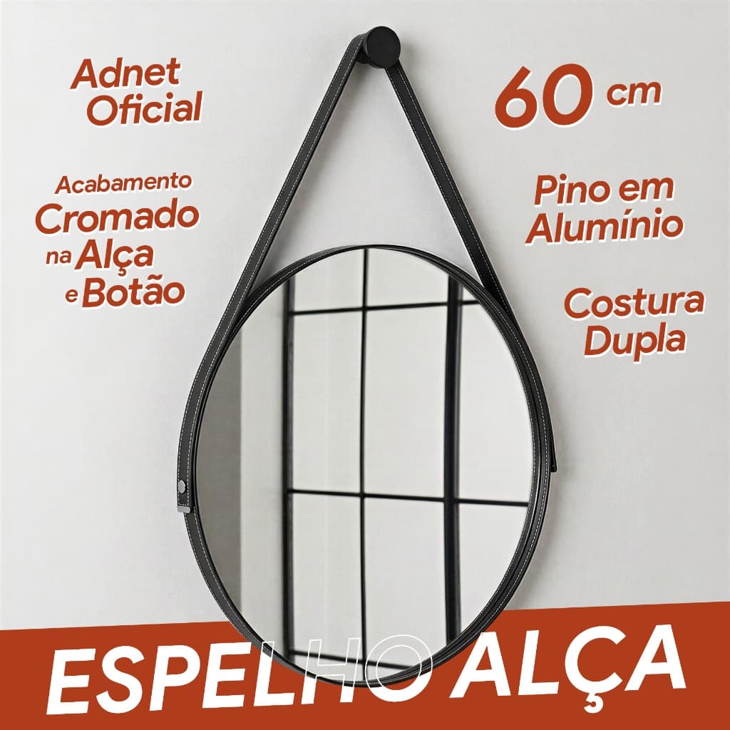 Espelho Redondo 60cm Adnet Alça de Couro Dupla Costura e Suporte em Alumínio Quarto, Banheiro, Sala