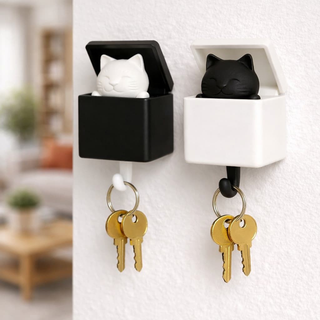 Porta-Chaves Gato Fofo Esconde-Esconde Premium | Gancho com Adesivo Decorativo para Parede sem fazer Furo
