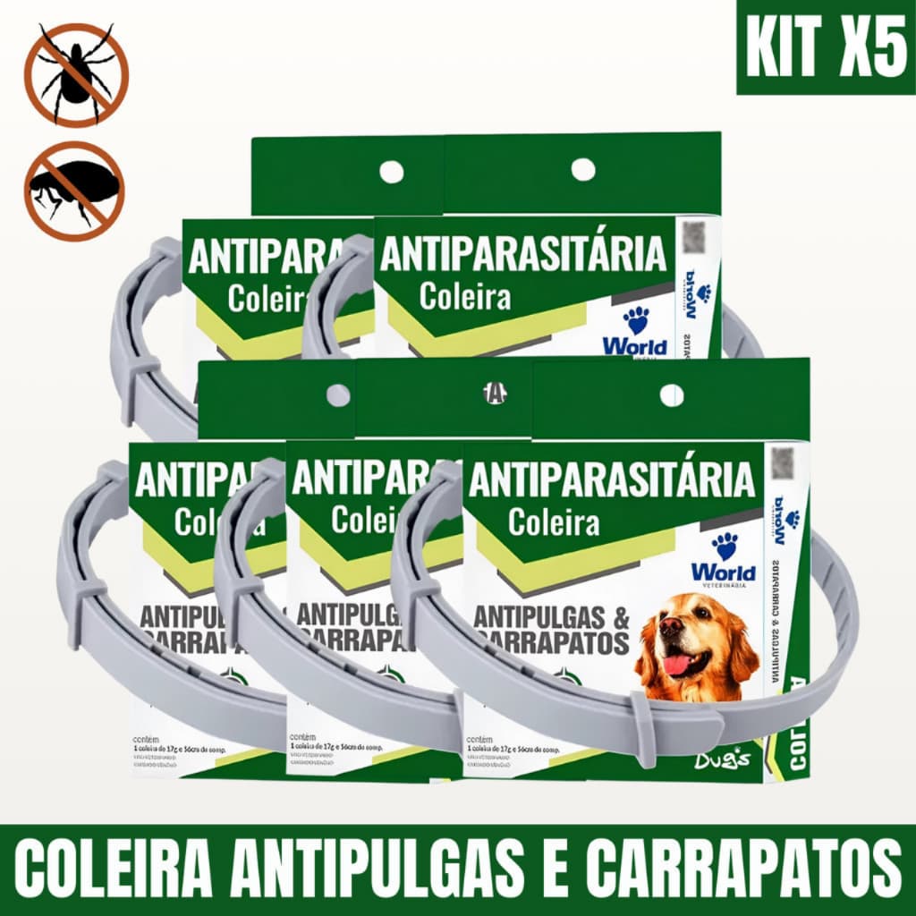 5 Coleiras Dugs Antipulgas e Carrapatos World Veterinária Antiparasitária Cães