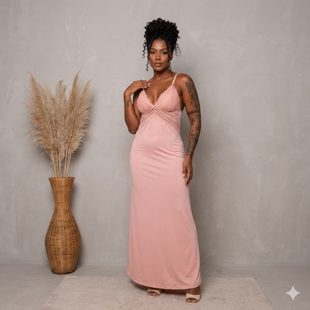 Camisola Longa em Renda Lingerie Feminina Sexy de Microfibra| Para todas as Mulheres| Tecido Leve e macio