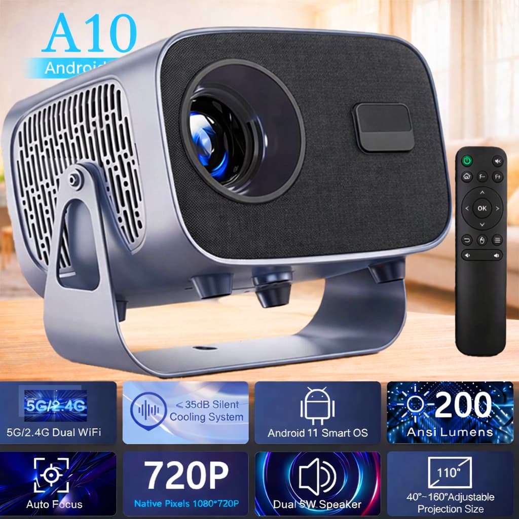 Projetor A10 Android TV 4K Dual Band WIFI 6.0 Bluetooth 5.0 Cinema Portátil Escritório Sala