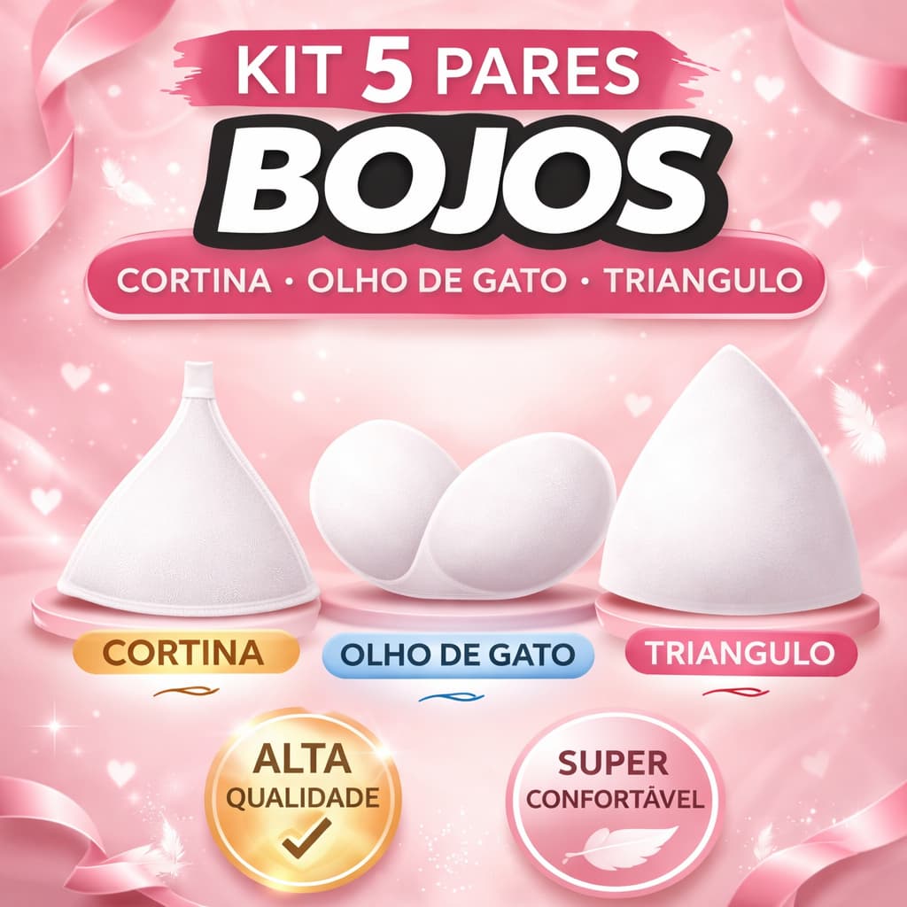 Kit 5 Pares Bojo Triângulo Cortina Olho de Gato 7mm Espuma Confecção Sutiã, Biquíni Roupas Premium