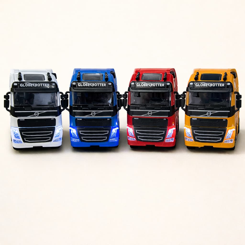 Miniatura Caminhão Volvo Trucado Globetrotter em Ferro 1:50 - Fricção - Acende Luzes e tem Som - Basculante