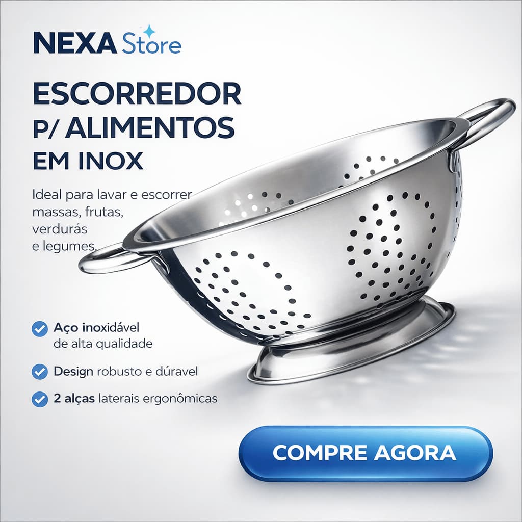 Escorredor de Massas Macarrão 24cm GRANDE Aço Inox BASE ALTA com Alças e Suporte para Escorrer