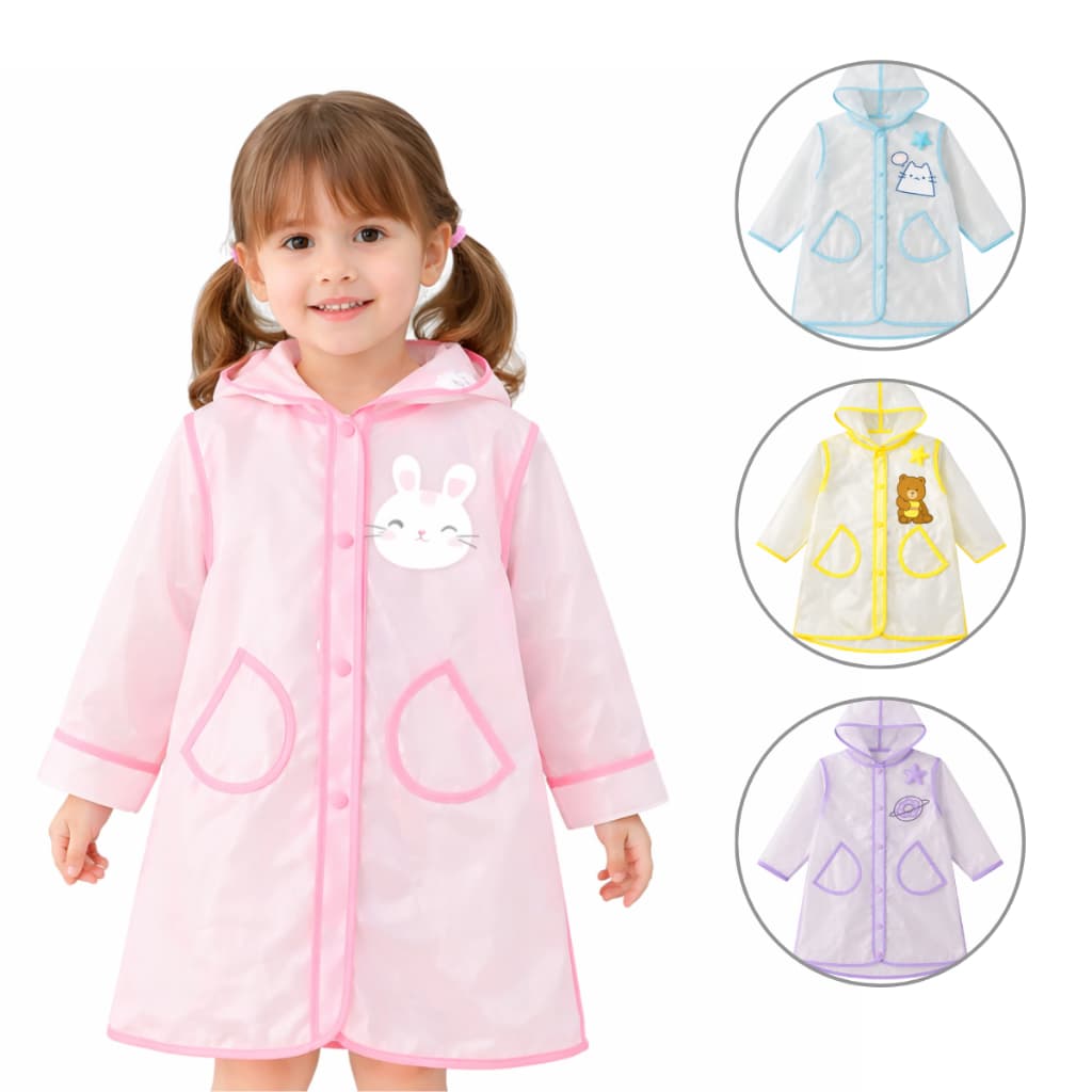 Capa de Chuva Infantil Criança Transparente com Capuz e Bolso Menina Menino 4 cores Roxo Rosa Azul Amarelo Impermeável