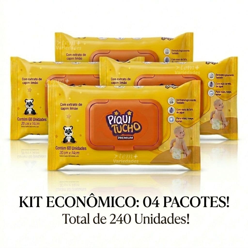 Kit 04 Pacotes de Toalhas Umedecidas PIQUI TUCHO PREMIUM  240 Unid - Promoção Tem mais Variedades