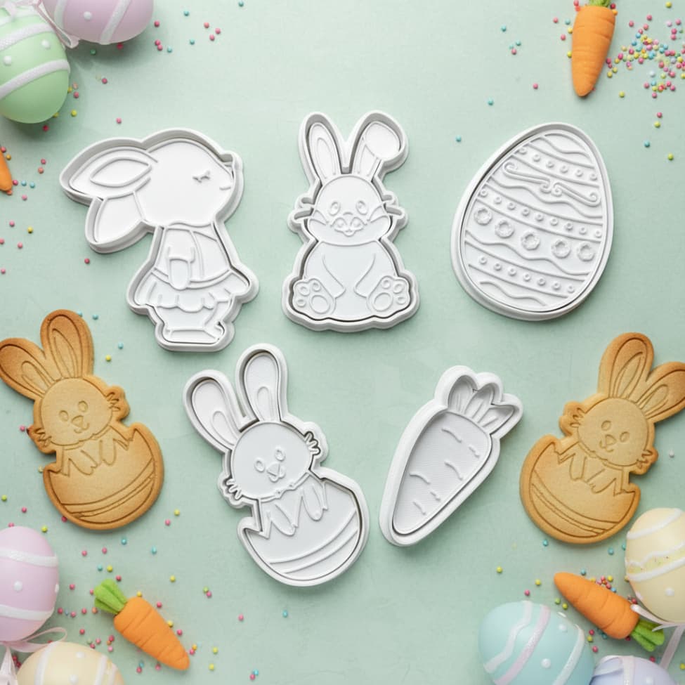 Kit 5 Cortadores de Biscoito Páscoa Infantil 6cm Cortador Pasta Americana Massinha Com Marcador