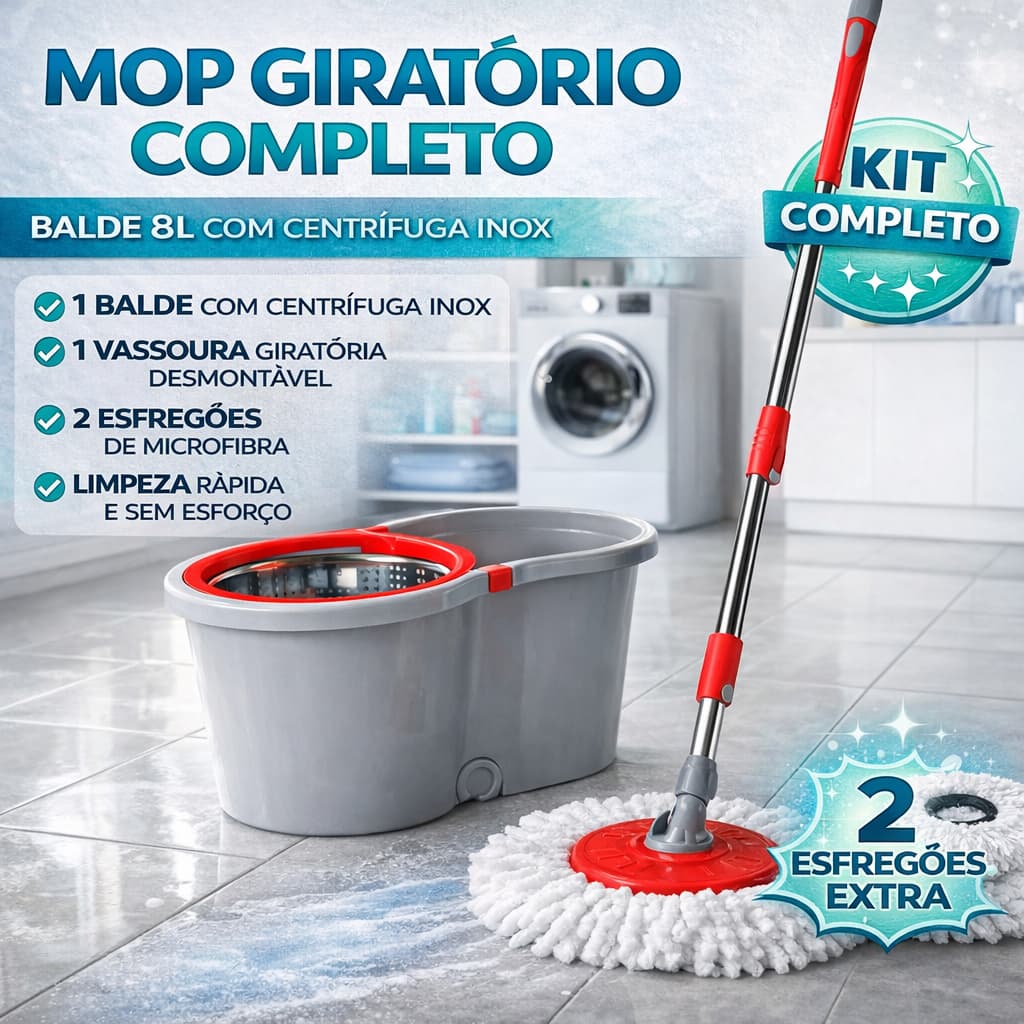 Mop Giratório 8L com Centrífuga Inox + 2 Refis Microfibra Esfregão Spin Mop Completo com Balde