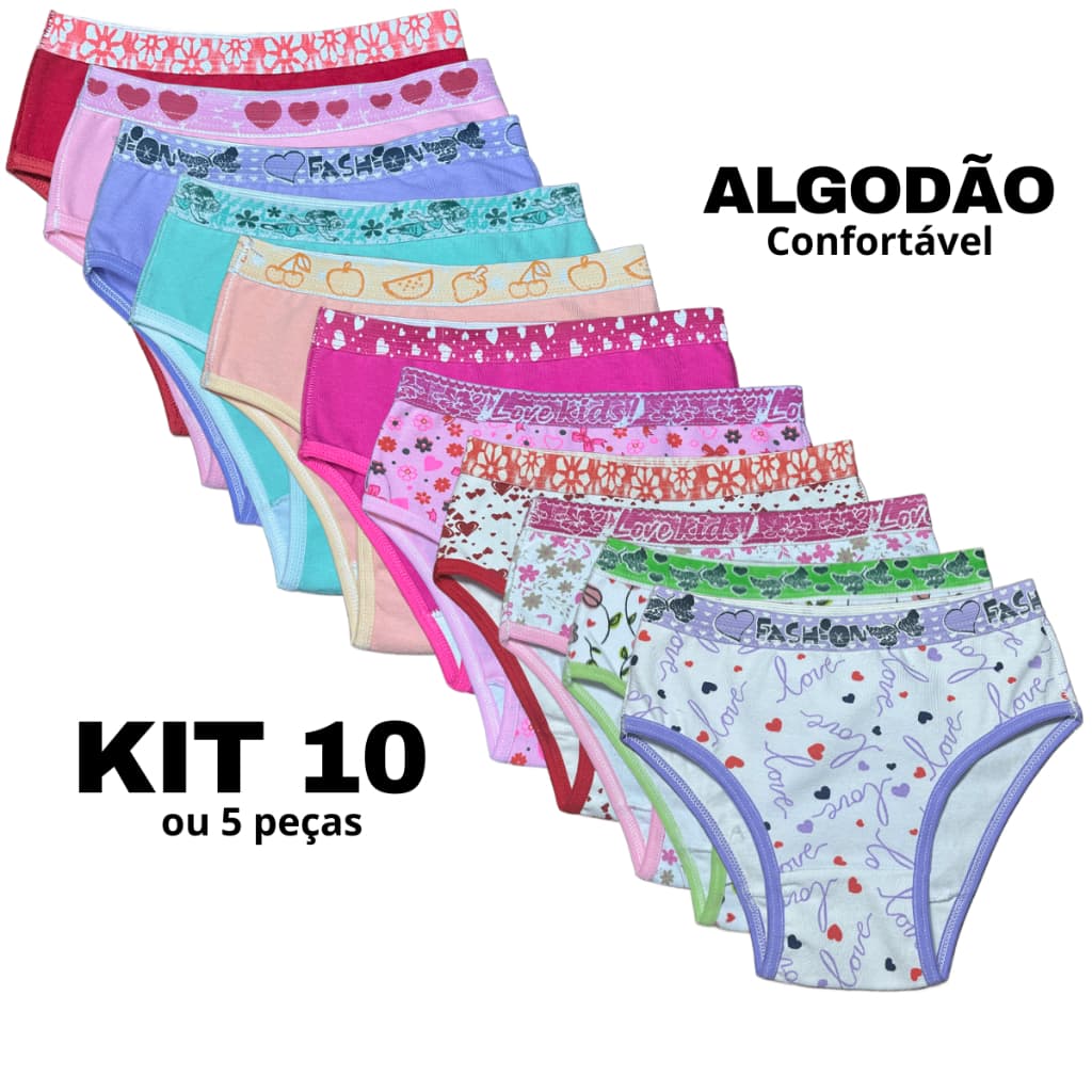 Kit 10 ou 5 Calcinha Infantil Menina Algodão Confortável Lisas e Estampadas