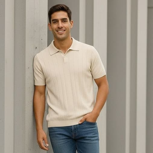 Camisa Polo Canelado Basica Com Botões Tricot Elegante