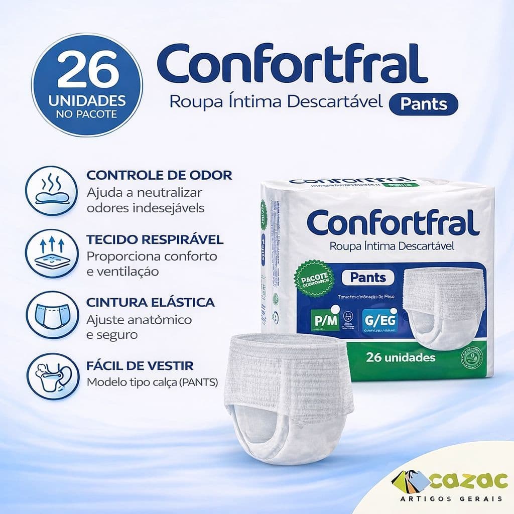 Fralda Calcinha Cueca Geriátrica Confortfral Adulta Incontinência Pacote Econômico G/EG P/M 26 Un