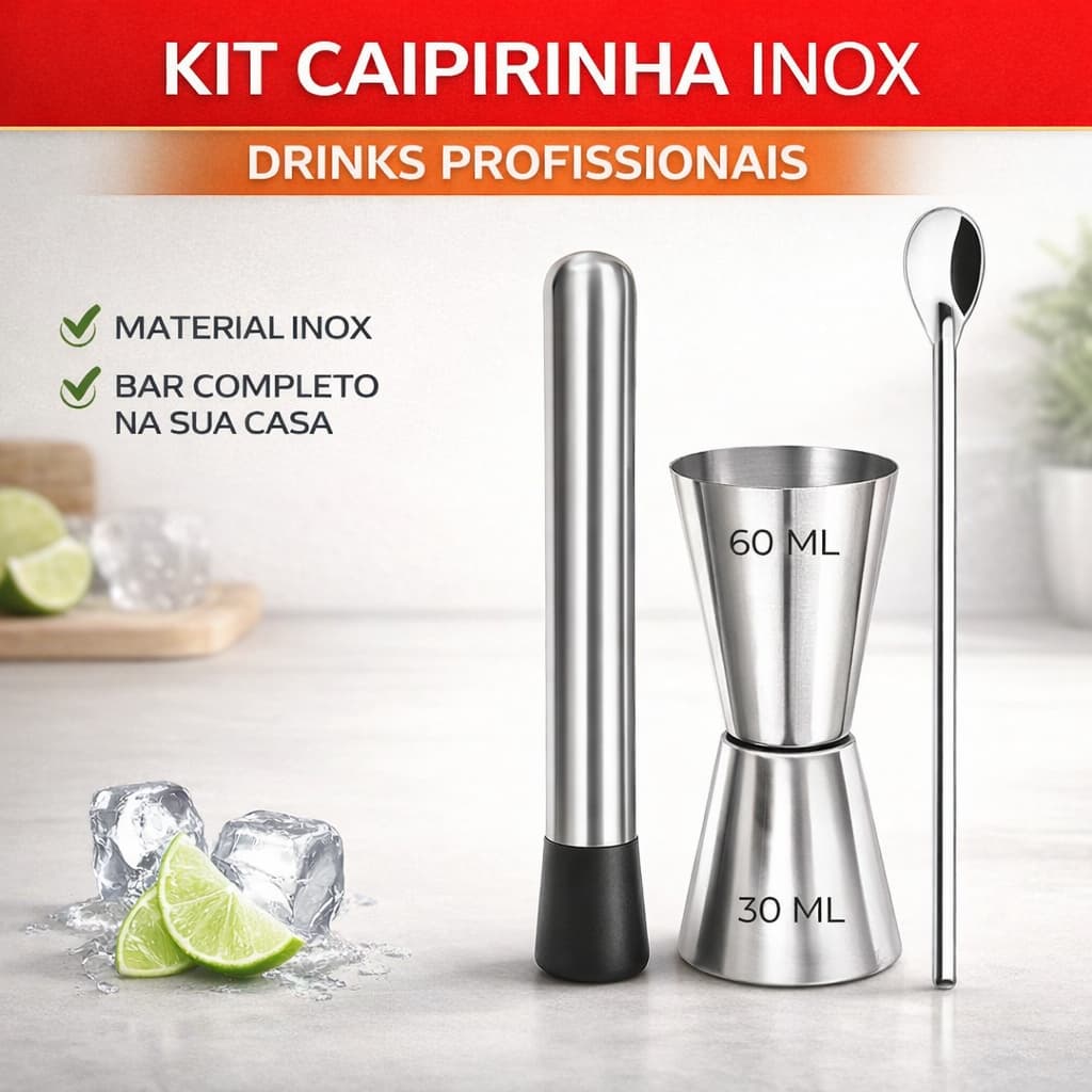 Kit Caipirinha Inox com Dosador Socador e Colher  Bailarina– Para Preparar Drinks