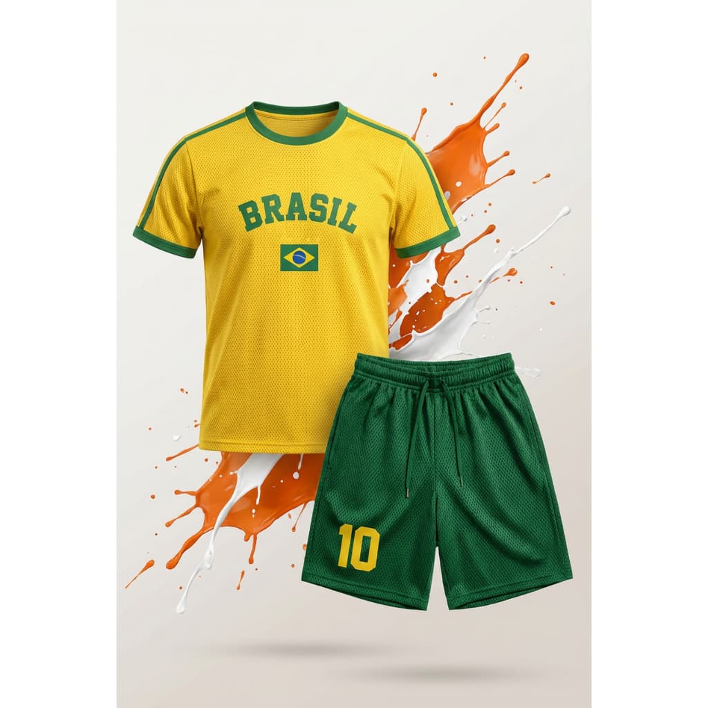 Brasil Verde e amarelo Copa do Mundo Infantil Camisa Short Torcedor 10