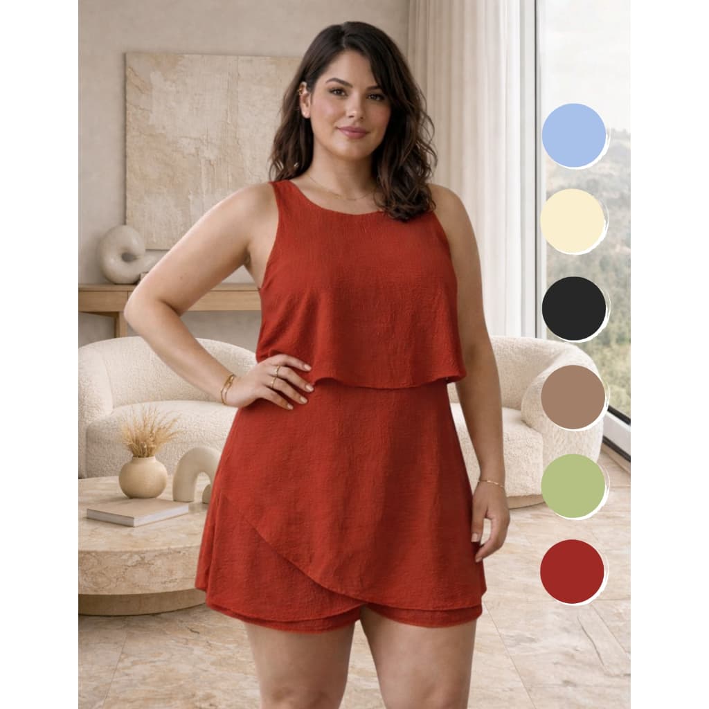 Macaquinho Short Saia Plus Size Casual Soltinho Forro Duplo Babado Elegante