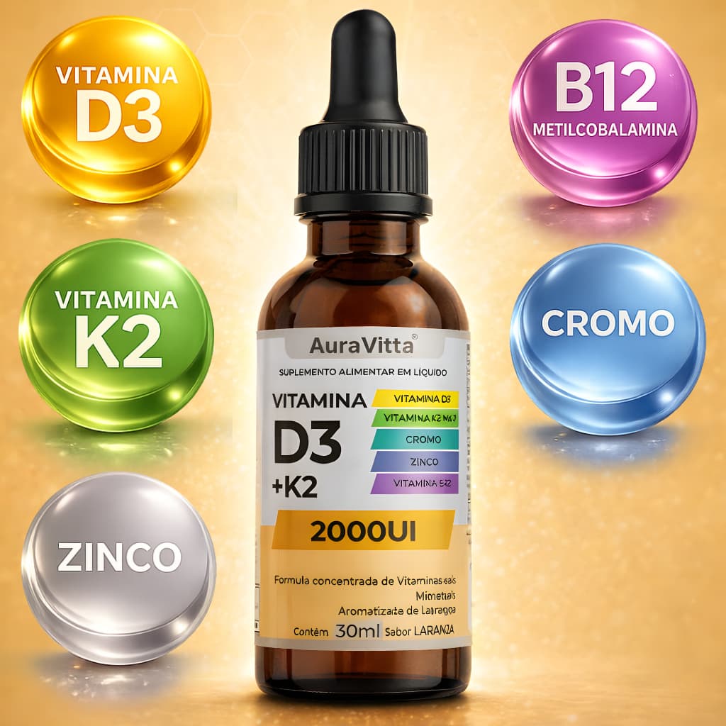 Vitamina D3 + K2 MK7 Concentrada  30ml AuraVitta – Gotas Sublingual – Saúde Óssea e Imunidade D B12
