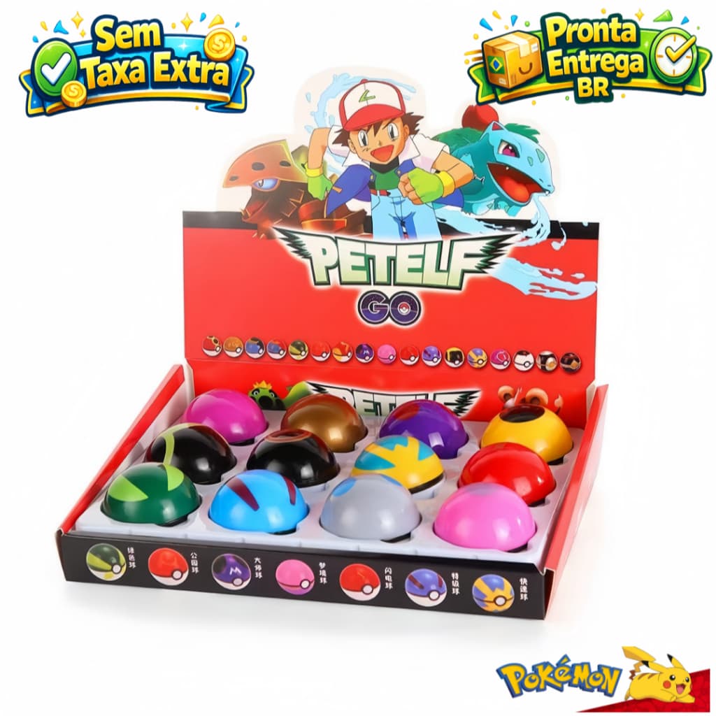 Kit 12 Pokebolas / 12 Miniaturas Bonecos Pokemon + 24 Adesivos Pokemon Go Petelf Caixa de Pokebolas - brinquedo