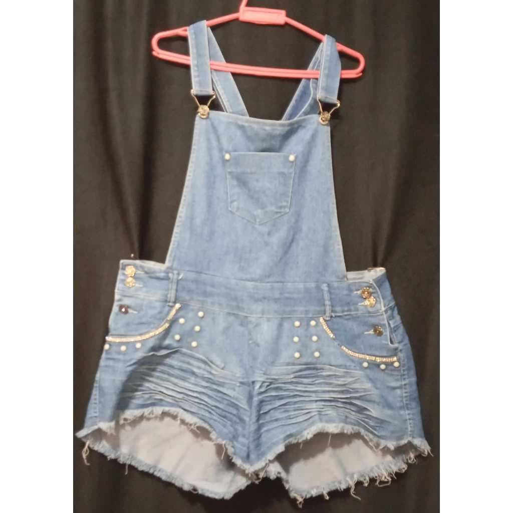 AS 001 - Macacão/Jardineira feminino, jeans, curto, Plus Size, 52