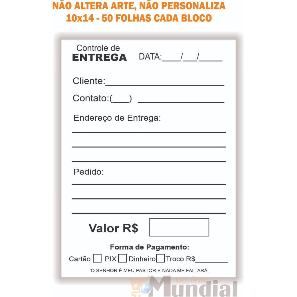 5 Talões Controle de Entrega 10x14cm, 50 folhas cada bloco, Papelaria Delivery