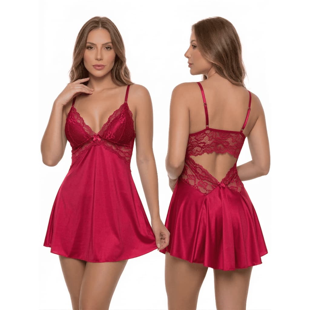 Camisola Sexy Lingerie Sensual Feminina Microfibra com Renda Confortável Costas Nuas e Laço Lingerie Roupa de Dormir