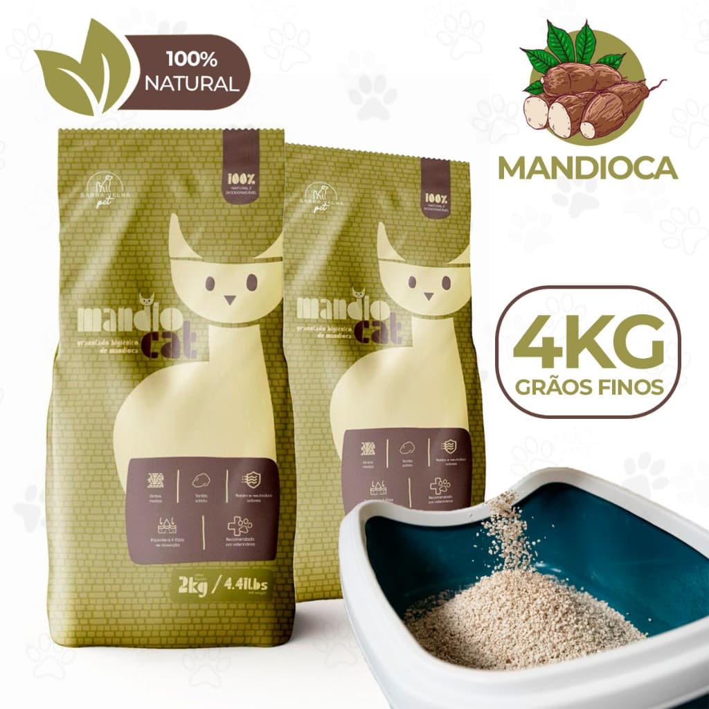 Areia de Gato Mandiocat Mandioca Grão Grossos Biodegradável 2 a 4 KG Descarta no Vaso Sanitário