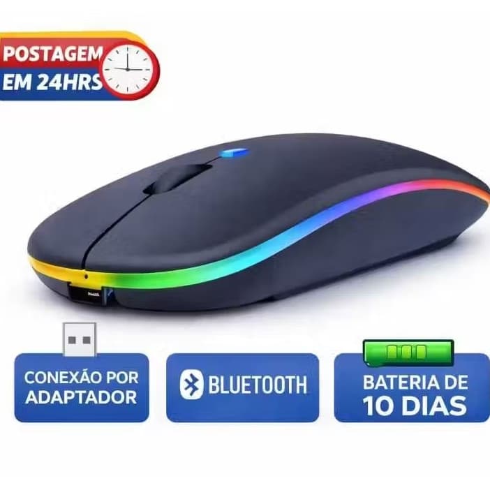 Mouse Sem Fio Recarregável RGB Bluetooth 5.2 + USB 2.4G para computador - Notebook - TV - tablet