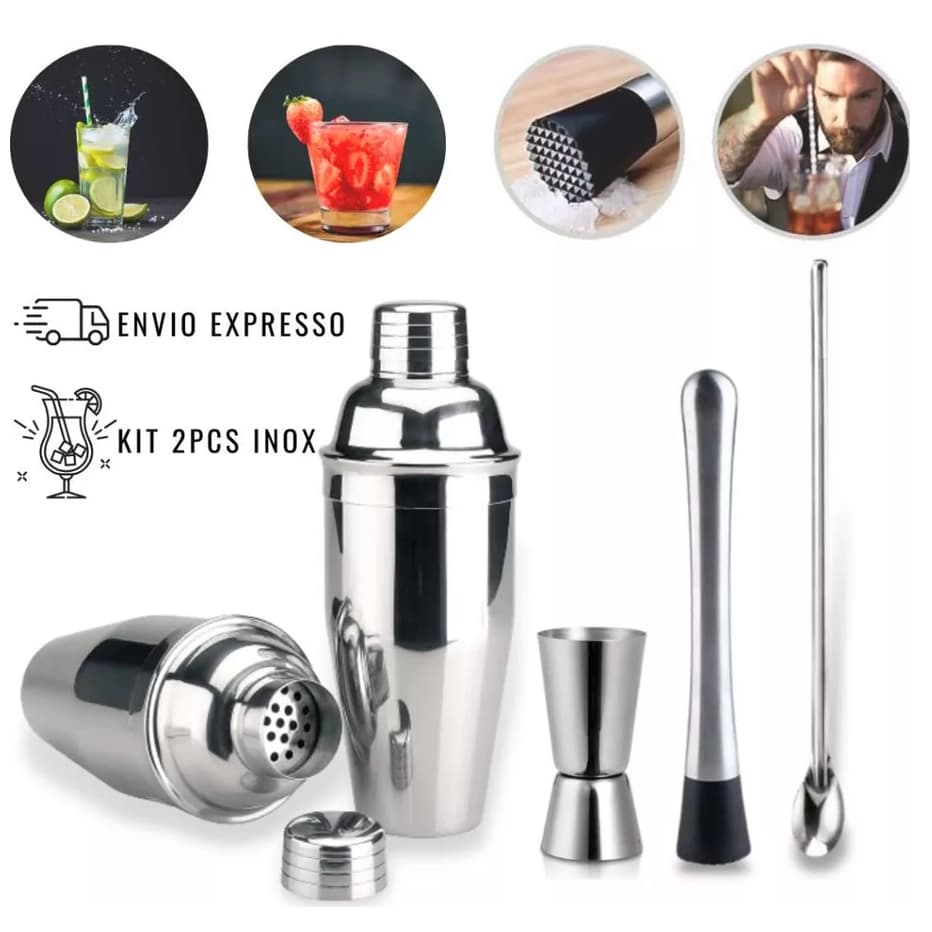 Kit Caipirinha 4 peças Inox Barman Coqueteleira Profissional Drinks