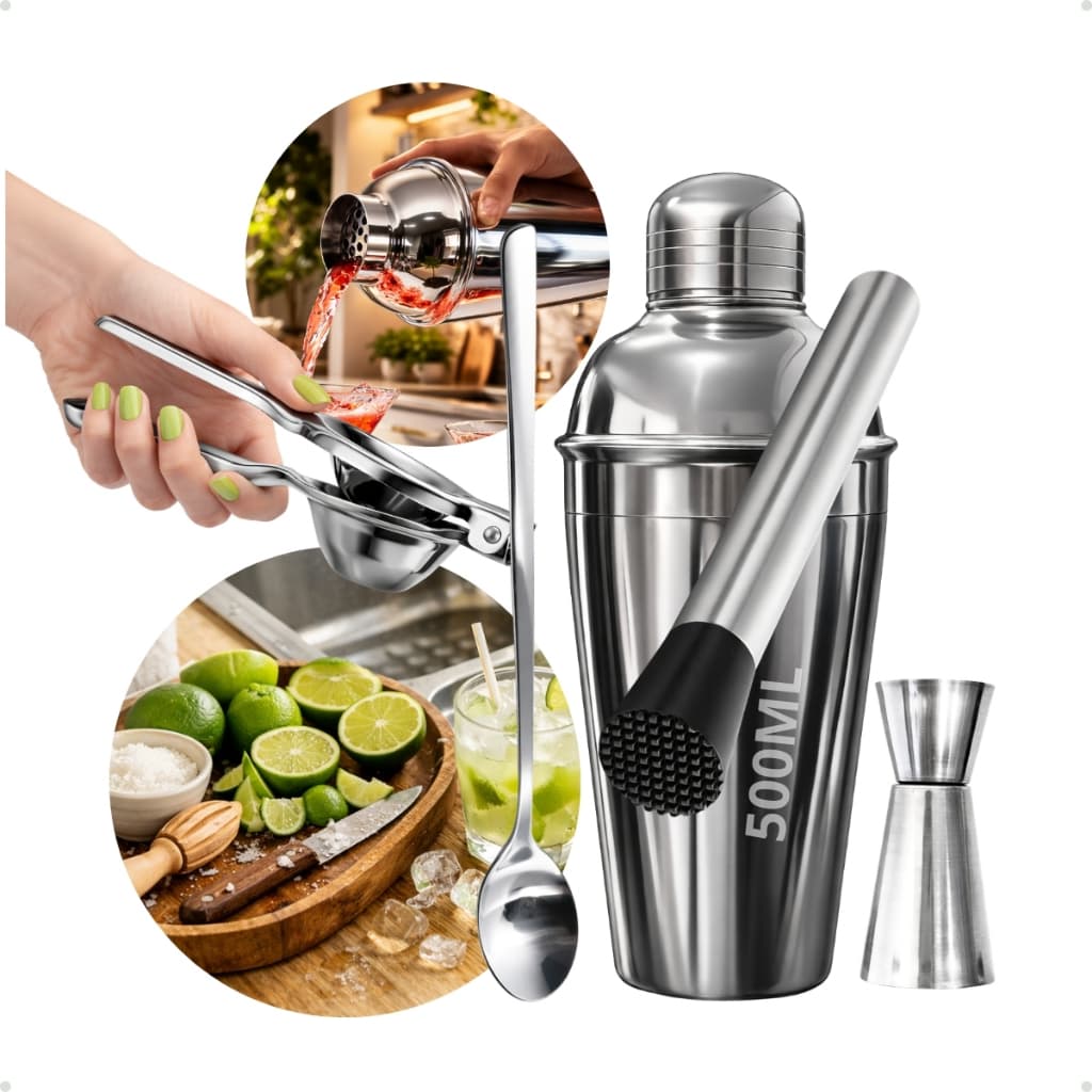 Kit Caipirinha Inox 5 Peças -  500ml Profissional Espremedor Coqueteleira Socador Macerador Dosador