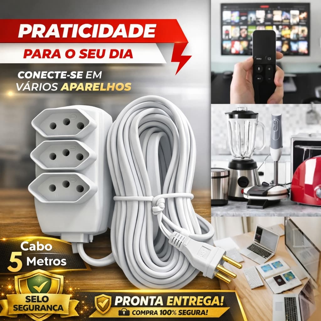 Extensão Elétrica cabo PP 2P+T 5 Metros Fio Reforçado 3 Tomadas Tripolar Bivolt 10A
