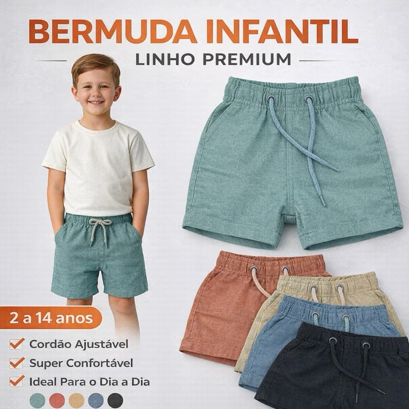 Short Linho Infantil Bermuda Mauricinho Menino Qualidade Premium Short Leve Direto da Fábrica.