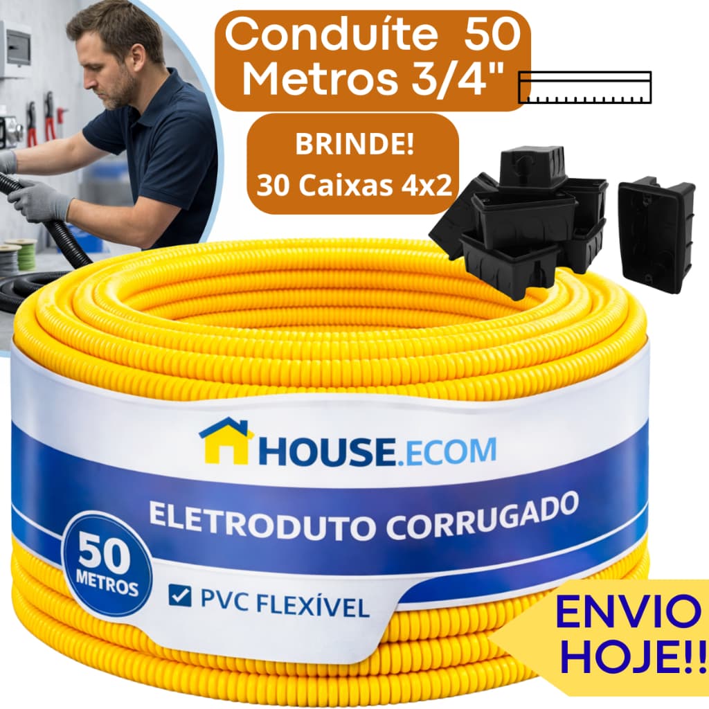 Conduíte Eletroduto 3/4 Corrugado Kit Rolo 50 Metros +30 Caixinhas 4x2 Preta