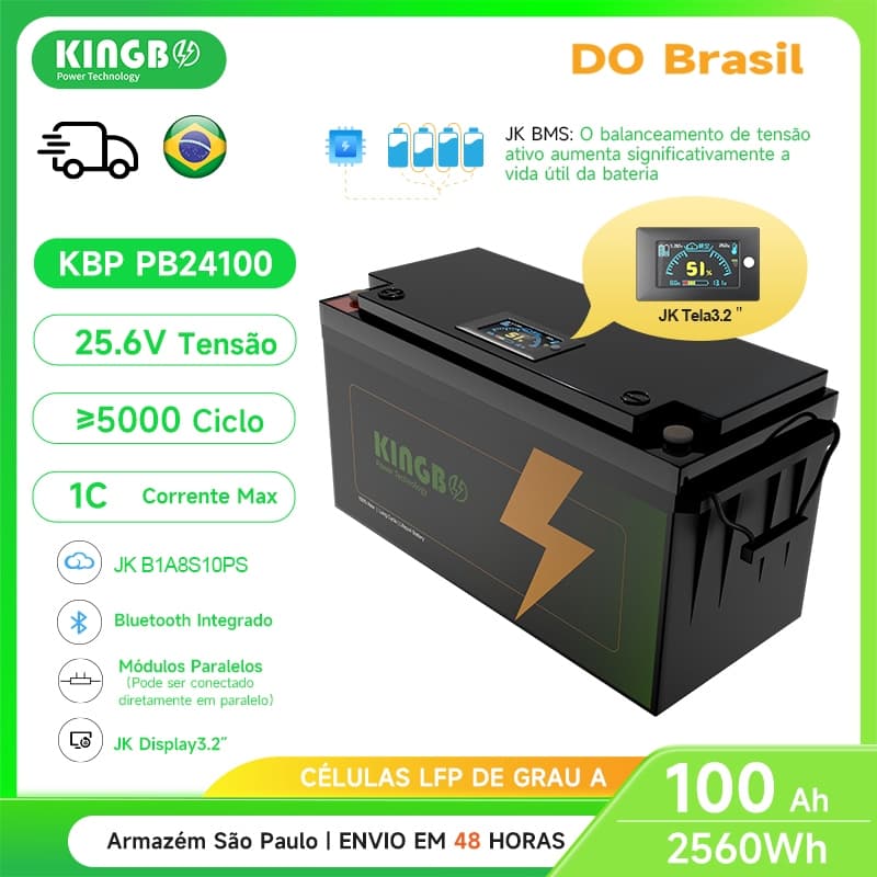 Kingbo Power 24V 100Ah Bateria Lifepo4 25.6V com Bluetooth JK BMS e Display Off-grid solar sistema