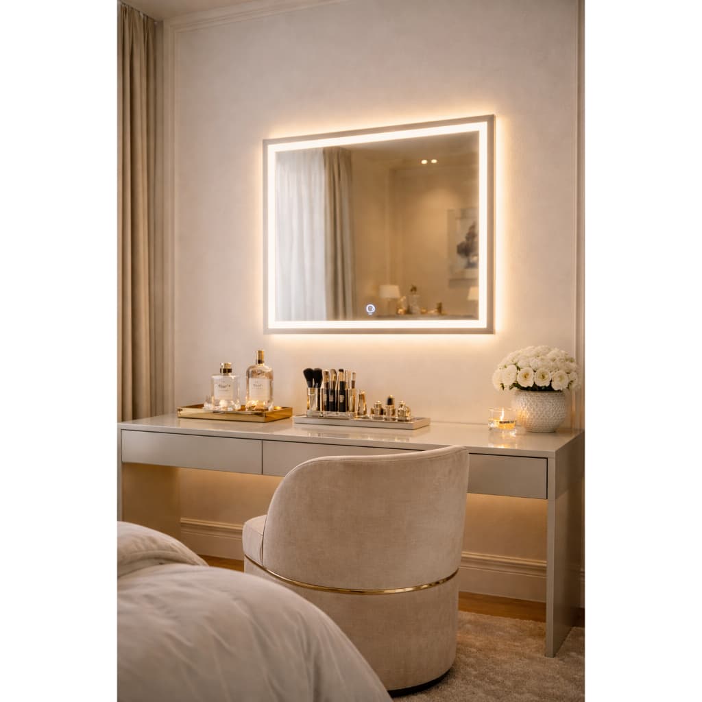 Espelho LED Touch Quadrado 50x50 cm Bivolt Dimmer 3 Temperaturas Jateado Banheiro Salão