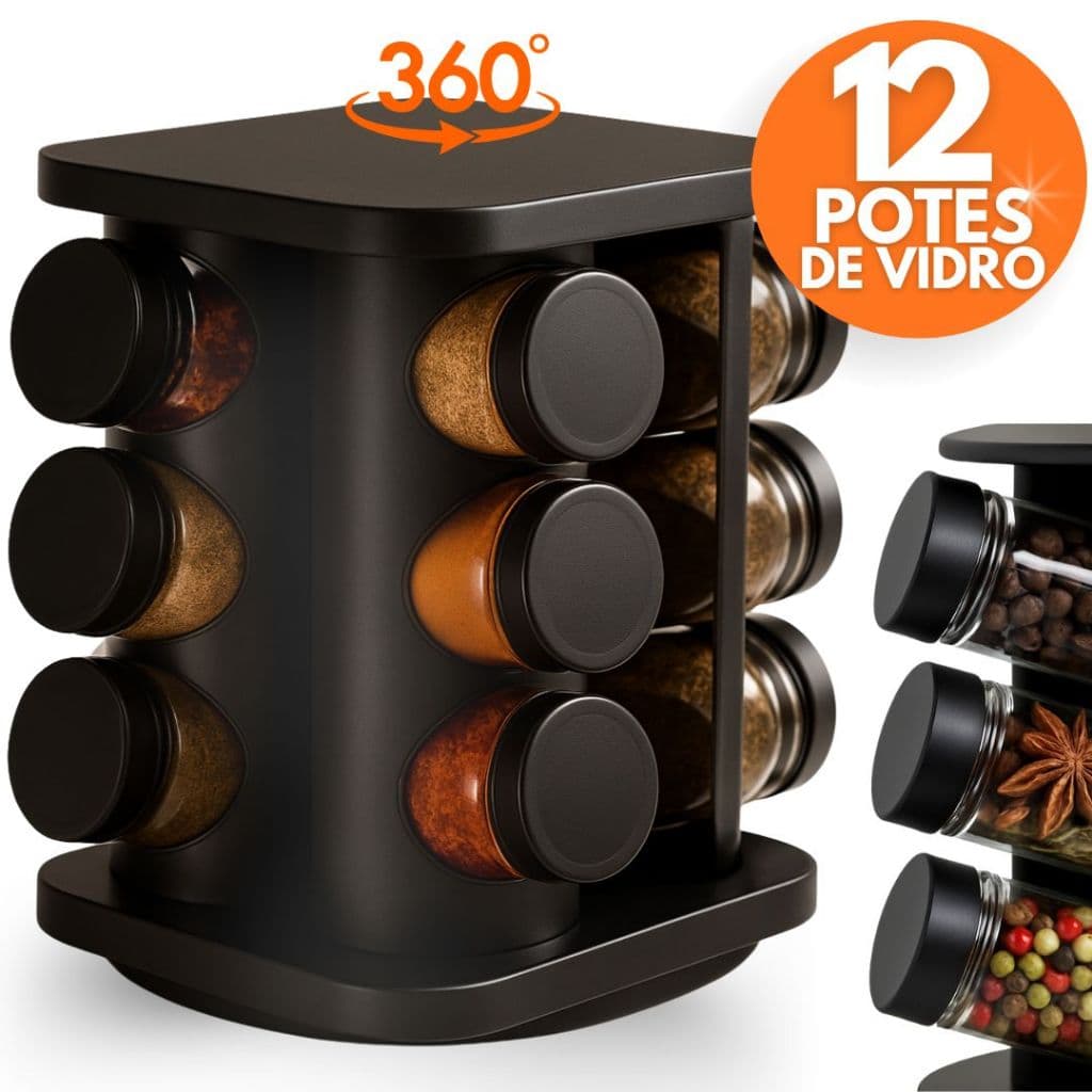 Porta Temperos Profissional Giratório 12 6 Potes Vidro OFERTA Tampa Dosadora Organizador Condimentos