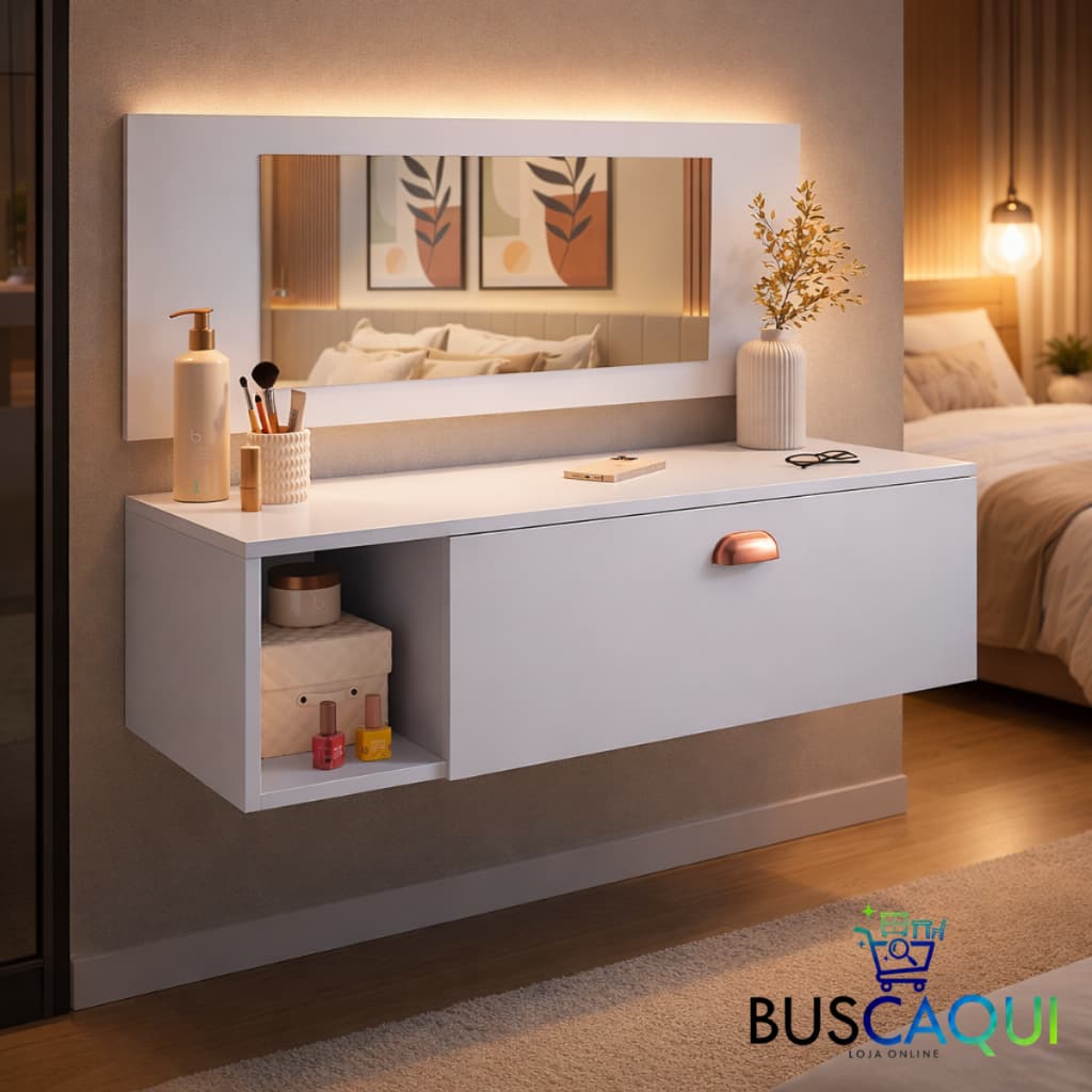 Penteadeira Suspensa Joy C/ Espelho Design Moderno Delicado P/ Quarto Make Up C/ 1 Gaveta Repartição