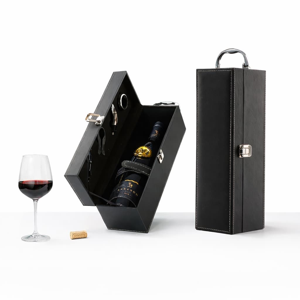Maleta Vinho 4 Peças Couro Sintético acomodação para uma garrafa com Acessórios para Presente