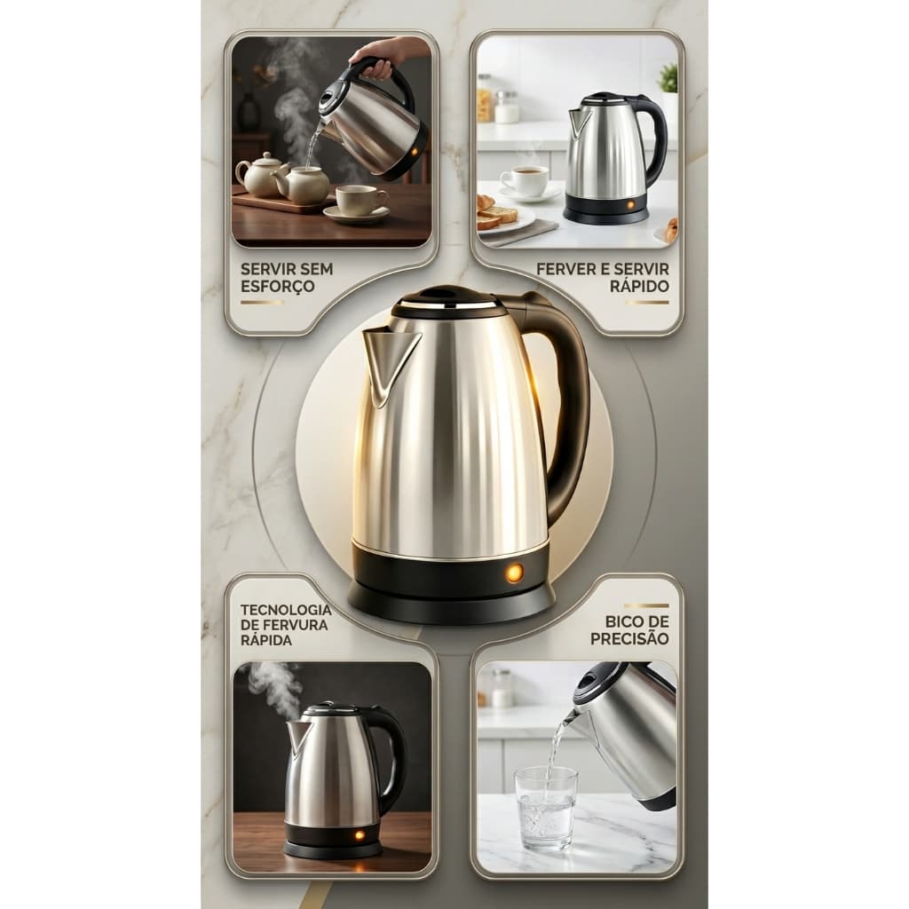 Chaleira Elétrica Inox 1,8L 220V – Ferve Água Rápido com Base Giratória 360
